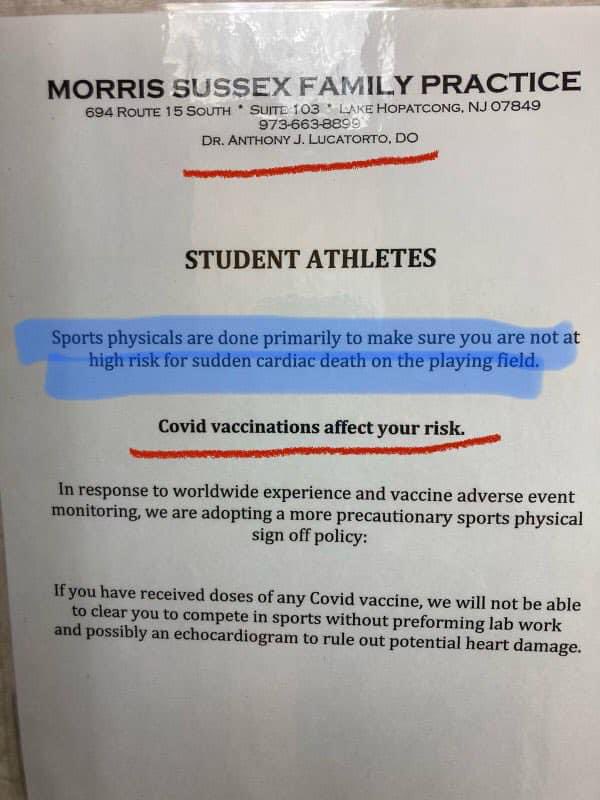 If you have received doses of any Covid vaccine, we will not be able to clear you to compete in sports without preforming lab work and possibly an echocardiogram to rule out potential heart damage. 😳