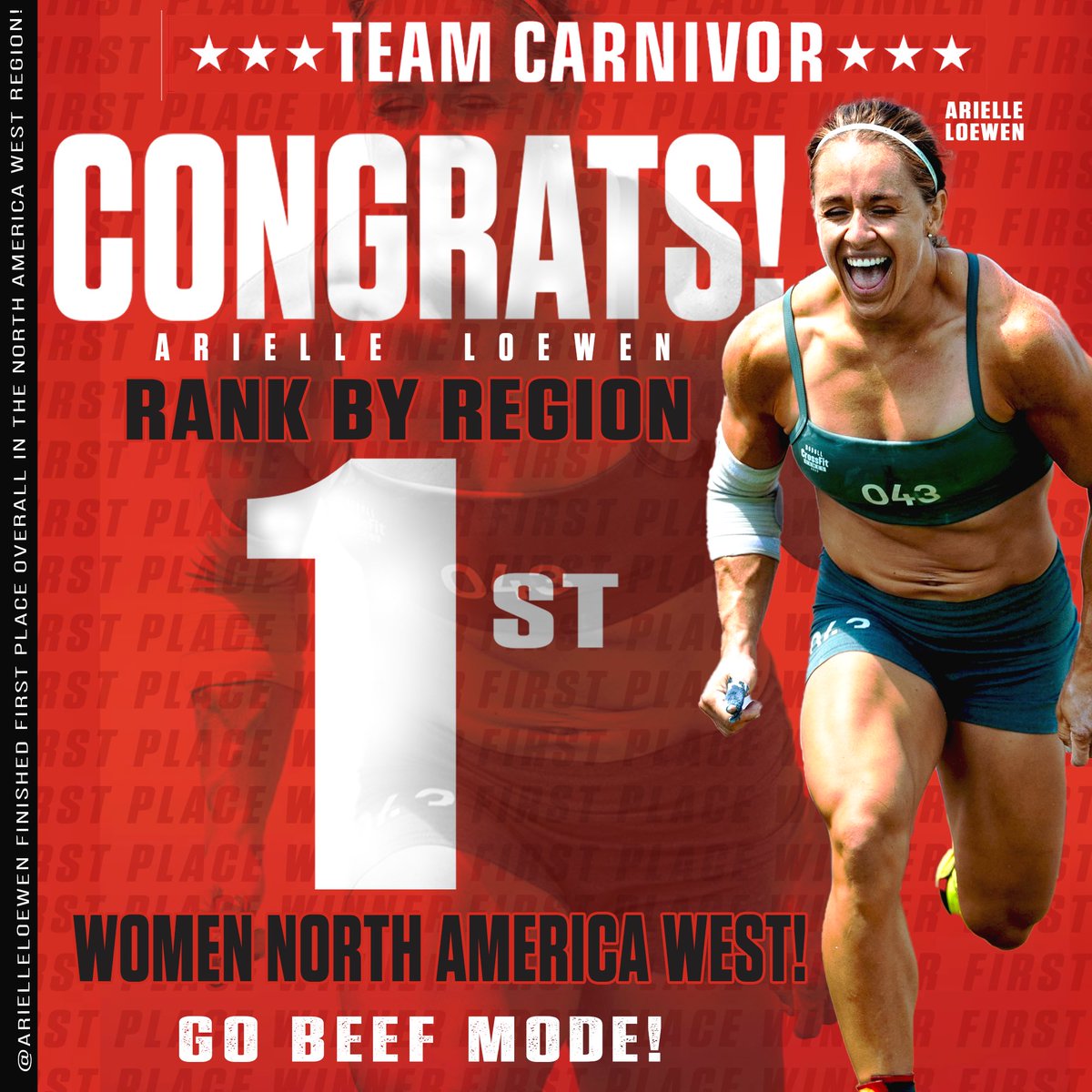CONGRATS ARIELLE 💥 Team Carnivor Athlete Arielle Loewen stands out once again at the @CrossFitGames open‼️ Arielle Loewen finished 1st place overall in the North America West region! 🏆 Congratulations Arielle we are proud to have you on the team! GO BEEF MODE 💪🥩