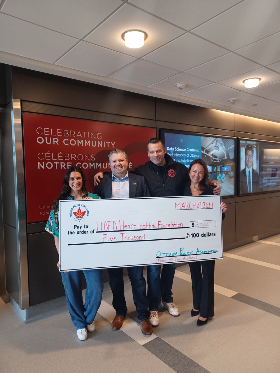 This morning, I had the honor of presenting a $5000 cheque to the @HeartFDN with  @OPFFALocal_162 from money raised during the Police vs Fire Charity Hockey game. The win by the Police this year ties the series 1 to 1. More importantly money raised for a great cause ❤️ research!