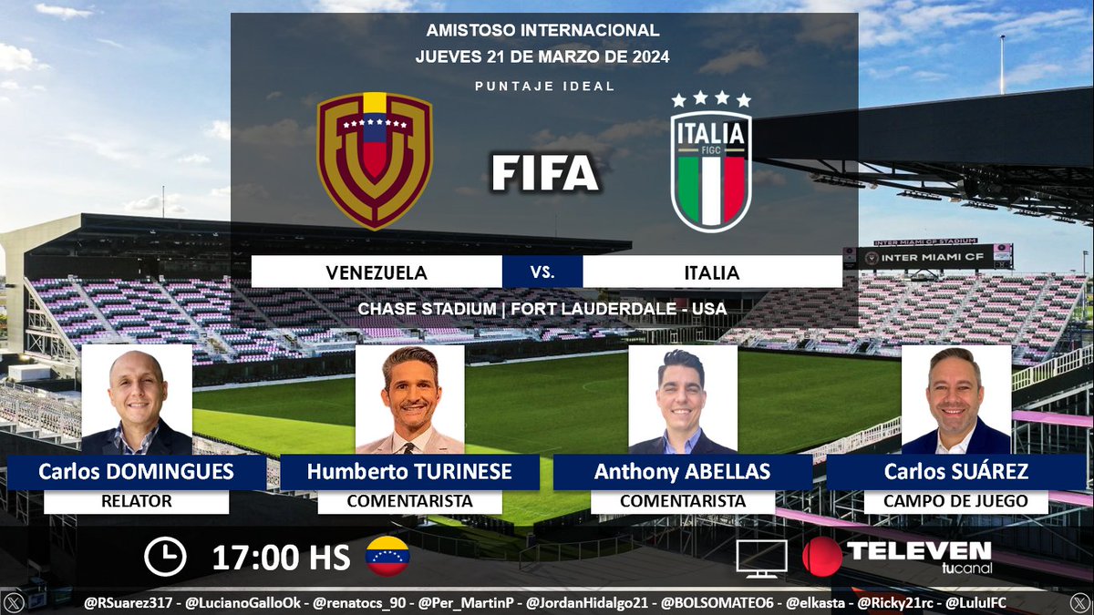 ⚽ #Amistoso | 🇻🇪 #Venezuela vs. #Italia 🇮🇹 🎙 Relator: @CDominguesP 🎙 Comentaristas: @hturinese - @AnthonyAbellas ⛳️ Campo de juego: @CarlitosSuarez 📺 @Canal_Televen 🇻🇪 💻📱 Televen Stream 🇻🇪 🤳 #TelevenEsVinotinto Dale RT 🔃