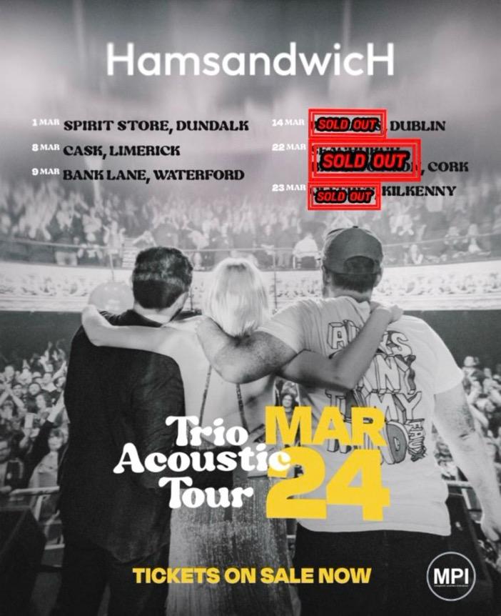 @hamsandwichband have SOLD OUT their March24 Trio Acoustic Tour! After a fantastic start in March with their tour across Ireland, the remainder their gigs have been in high demand ! PLUS! 'The Live Album' has been and is now available on iTunes, Bandcamp & all Streaming platforms