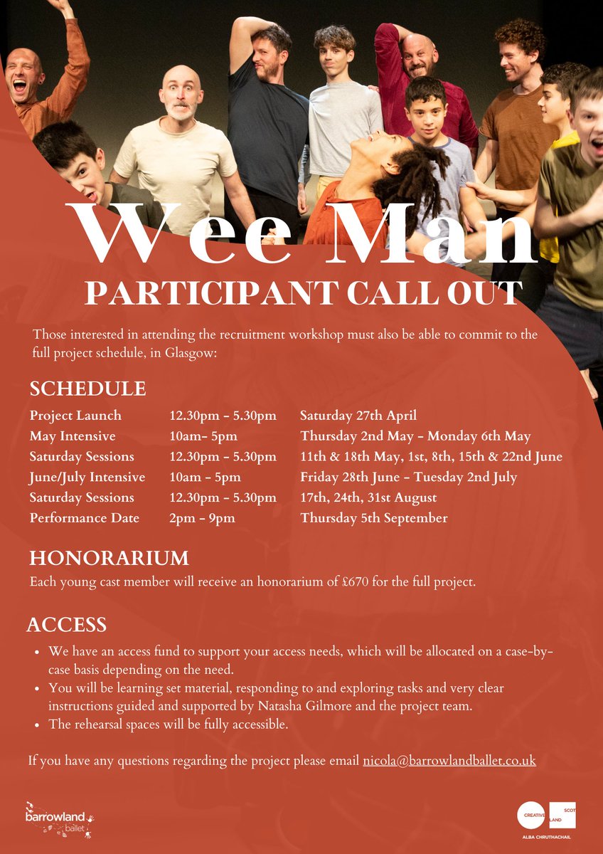 📣PARTICIPANT CALL OUT📣 We're searching for two male performers aged 13-17 years old to take part in Wee Man, our all-male dance theatre performance taking place in Glasgow. We're holding a recruitment workshop on: 📆 Saturday 20th April ⏰ 10.30am-1pm