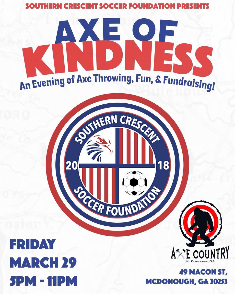 Ga_Revolution's tweet photo. Come throw axes NEXT Friday the 29th & know you’re supporting your local community while doing it! All funds raised from this will go towards building the mini-pitch at Alexander Park in McDonough! #AxeofKindness #SCSF #SoccerDownHere https://t.co/UxK3WKgW1x