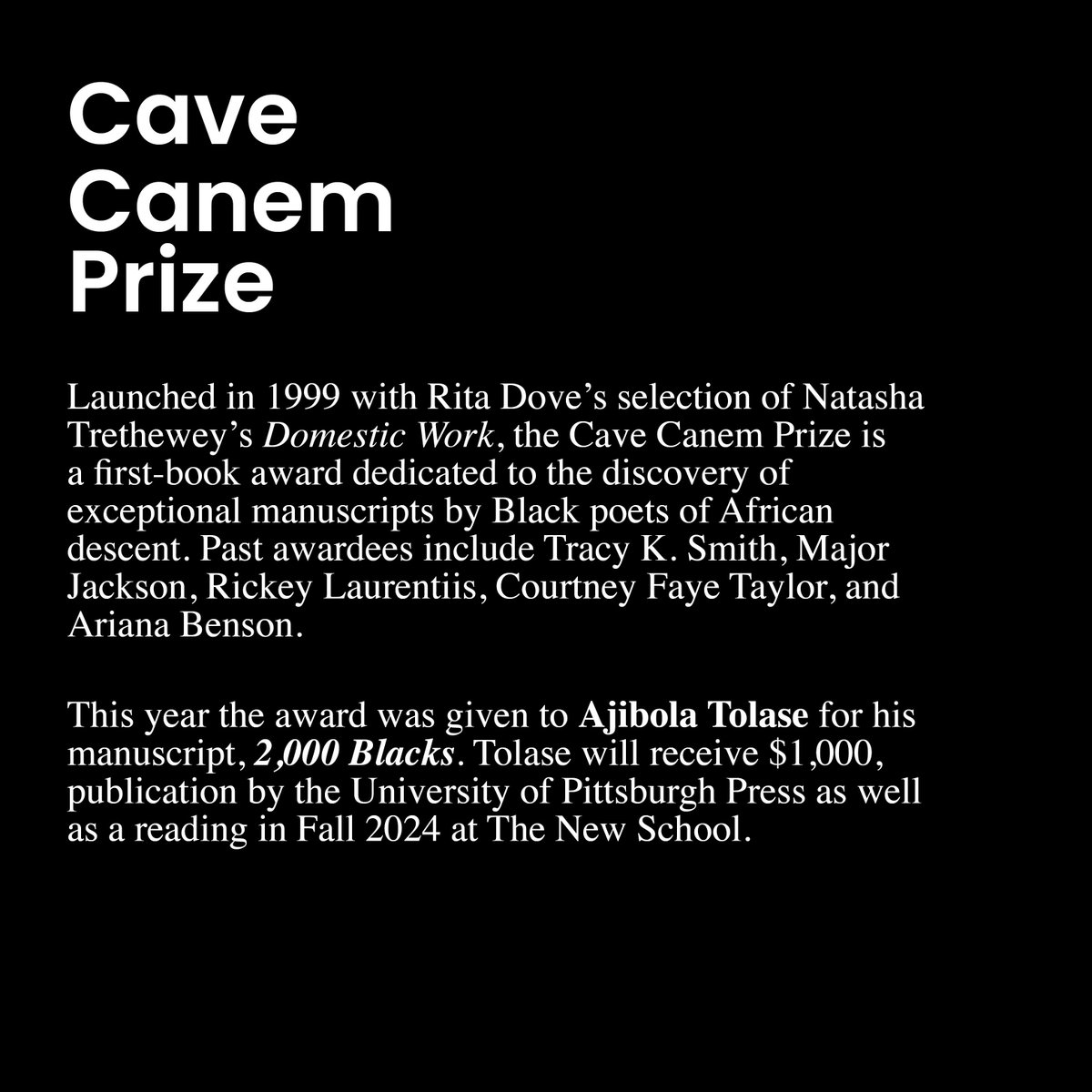 Congrats to 2024 @cavecanempoets Prize Winner Ajibola Tolase! His book 2000 BLACKS will be published in the fall as part of the Pitt Poetry Series. Welcome to the UPP family, Ajibola!