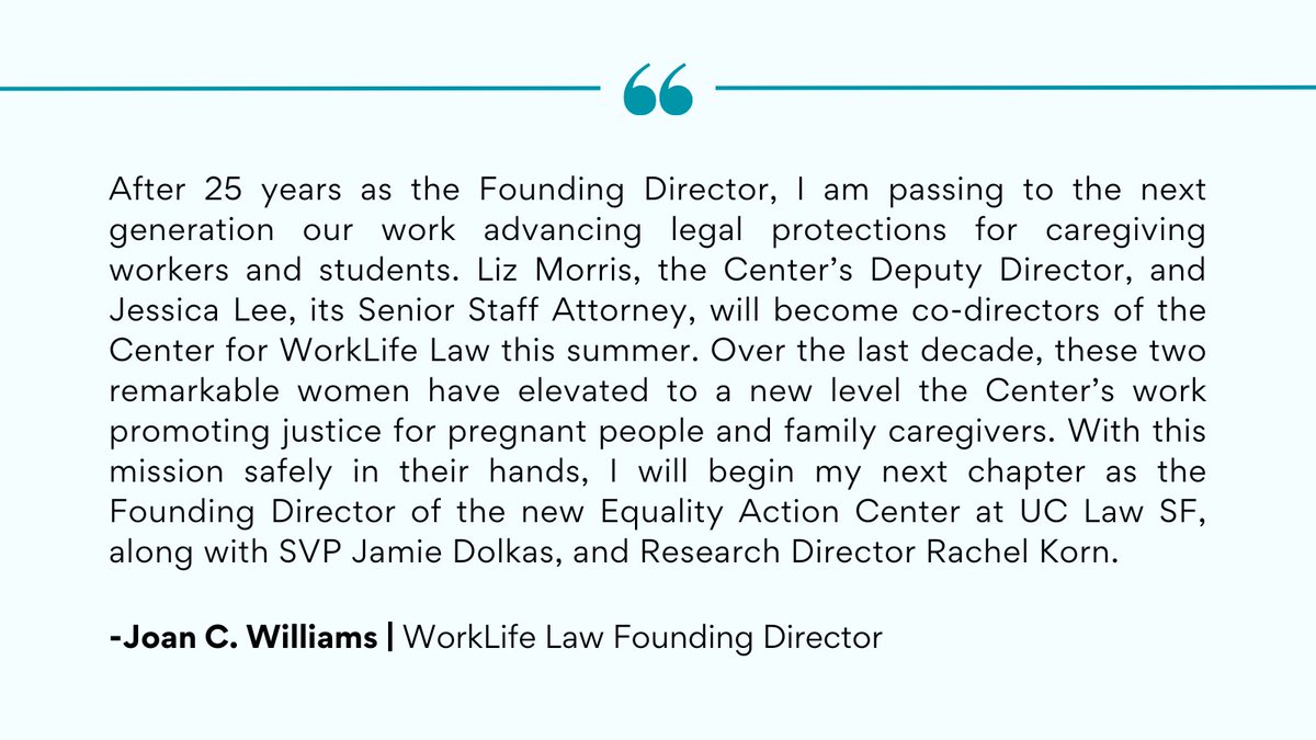 Center for WorkLife Law (on bsky.social) (@worklifelawctr) on Twitter photo Big news from our Founding Director <a href="/JoanCWilliams/">Joan C. Williams</a>.
Read her full letter announcing a leadership change here: worklifelaw.org/news/worklife-… Big news from our Founding Director <a href="/JoanCWilliams/">Joan C. Williams</a>.
Read her full letter announcing a leadership change here: worklifelaw.org/news/worklife-…