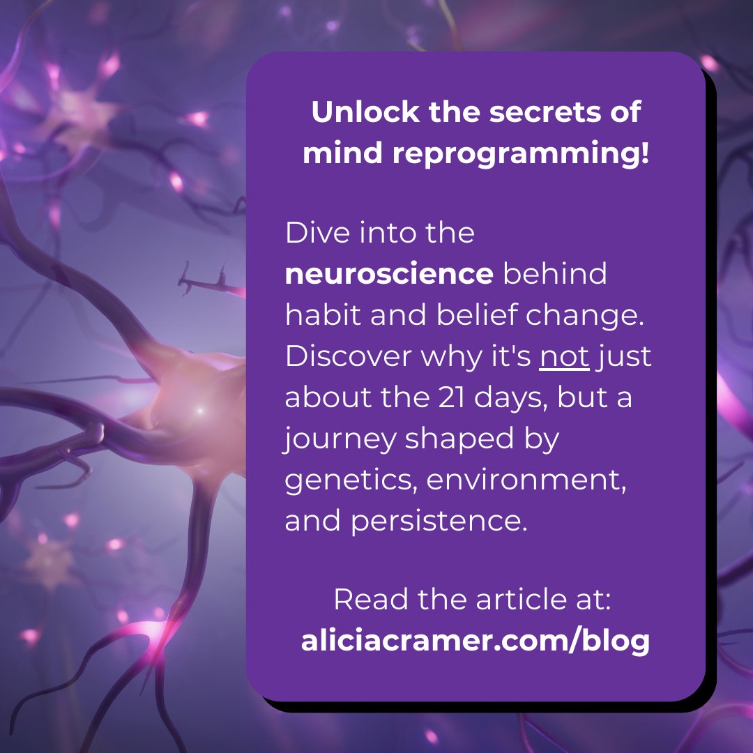aliciacramer's tweet image. Check out our latest blog post: "The Neuroscience of Mind Reprogramming: Debunking the 21-Day Myth" for insights into the process of mental reprogramming.
aliciacramer.com/blog
#neuroplasticity #mindreprogramming #personaldevelopment #changeyourmindset #changeyourbeliefs