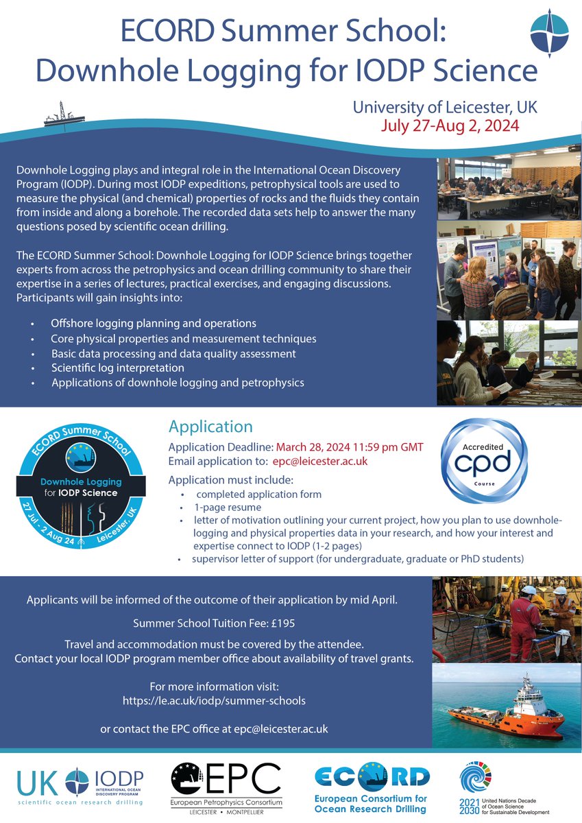 The 2024 ECORD Summer School: Downhole Logging for IODP Science has been endorsed by the @UNOceanDecade! 📣Applications are still open and we welcome all career stages to apply. ⏰ One week to go before the deadline‼️ @ECORD_IODP @GeologyLeics @uk_iodp @anzic_iodp @IODP_France