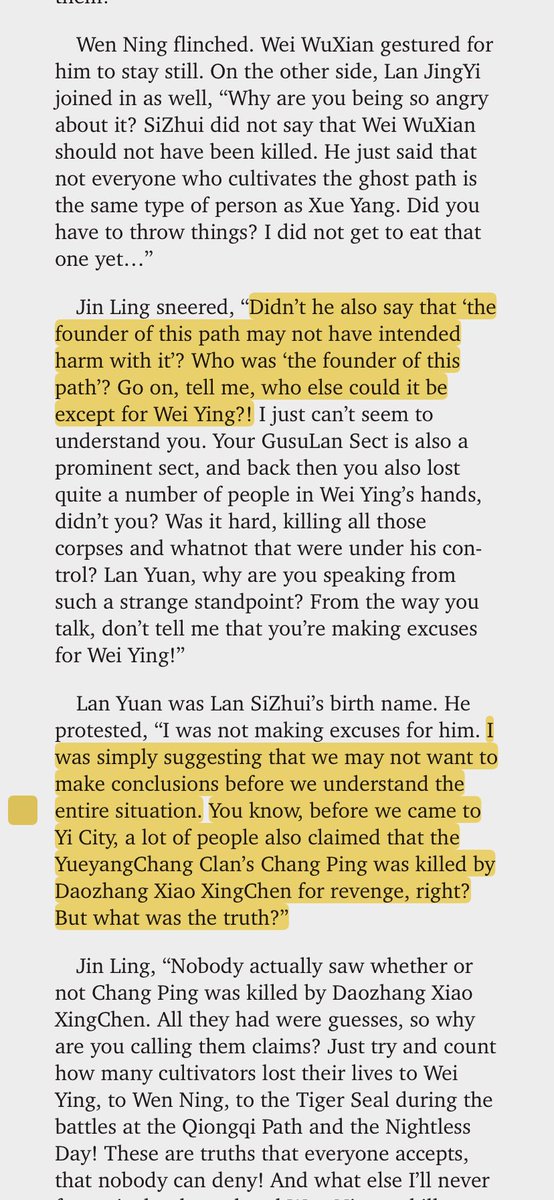 i'm rereading chapter 43, one of my favourite chapters in the novel. we also get a nice parallel between wn and lsz, both defending wwx from jc (wn) and the lies spread by him and the jianghu as a whole (lsz)