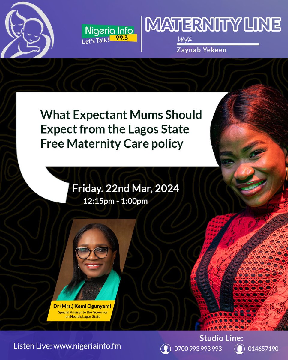 Are you currently pregnant & reside in Lagos? 🤰🤰

Tomorrow, at 12:15pm on @NigeriainfoFM SA to Gov. @jidesanwoolu, Dr Kemi Ogunyemi @kemskis will be shedding more light on the FREE antenatal care & delivery services by the  @lagosstategovt

Tune in! 📻

 #maternalhealthmatters