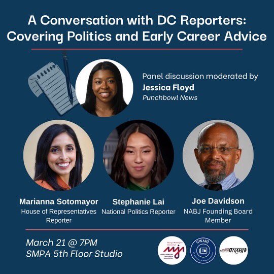 TONIGHT: Come out and support our GW AAJA student chapter at their event! Address is 805 21st St NW in GW's School of Media and Public Affairs 5th floor studio at 7 p.m., followed by a mixer featuring recruiters and professional journalists at 8 p.m.