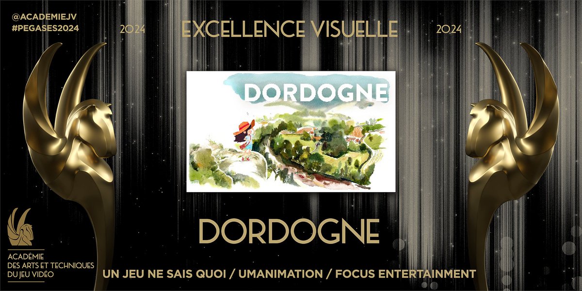 Félicitations aux équipes de #Dordogne, @studio_jnsq et @UMANIMATION1, édité par @Focus_entmt qui remportent le Prix de l'Excellence Visuelle aux #Pégases2024 🏆👏 #games #awards