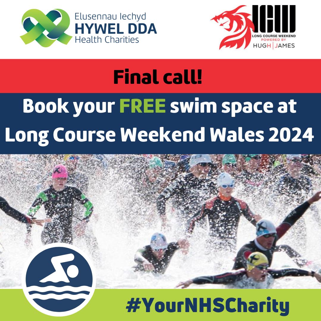 We have exclusive FREE places for fundraisers in the 1.2 and 2.4 mile #swimming events at #LongCourseWeekend #Wales 2024 🏊‍♂️

Don’t miss this fantastic opportunity to reach your goals – and raise funds for #YourNHSCharity💚

Find out more 👇
hywelddahealthcharities.nhs.wales/campaigns/long…
