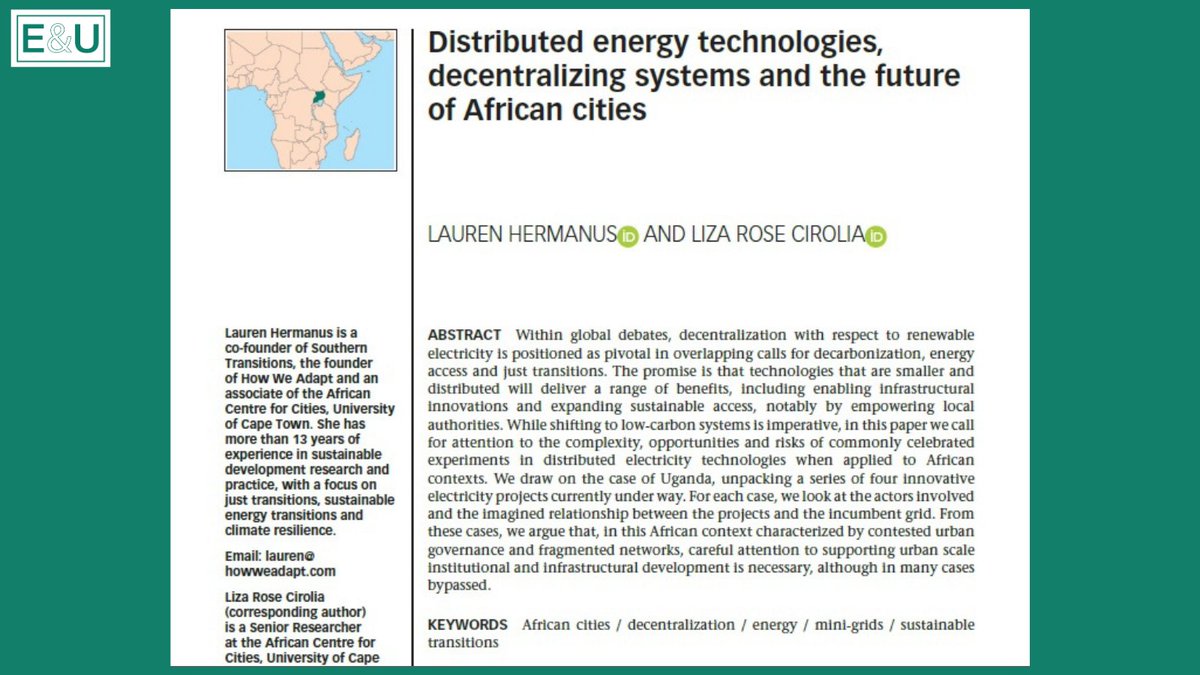 NEW OPEN ACCESS PAPER: From our forthcoming special issue Connecting decarbonization and social justice in cities (publishing April 2024), read 'Distributed energy technologies, decentralizing systems and the future of African cities' journals.sagepub.com/doi/full/10.11…