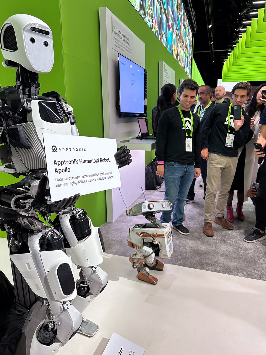 Apollo made some new friends at #GTC24 this week! ✌#apptronik #robots #humanoidrobot #NVIDIARobotics