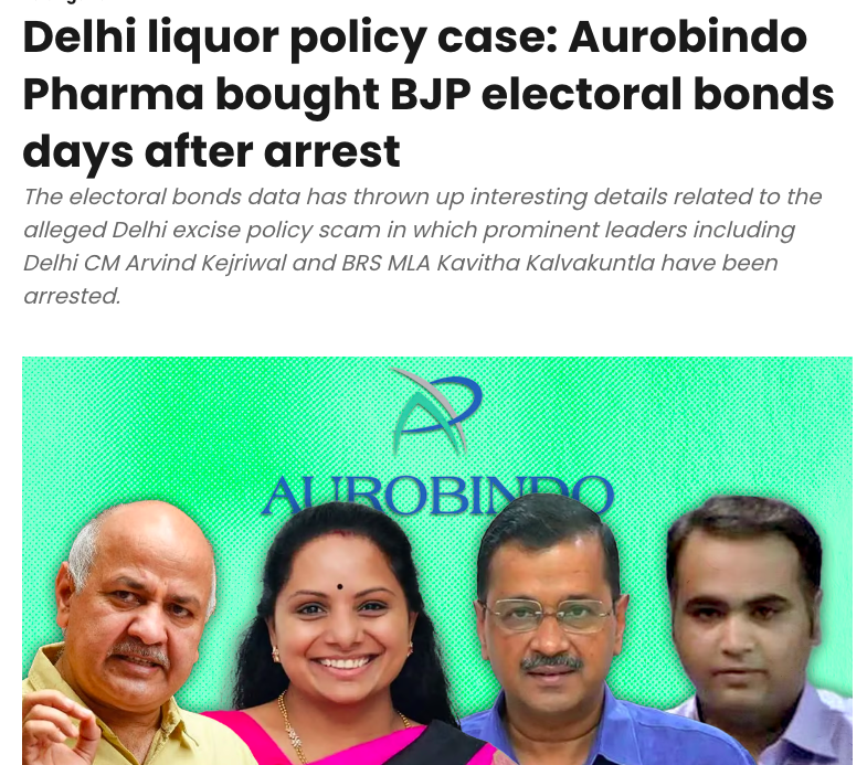 Today, CM Kejriwal was arrested by ED in the Liquor policy case. 

10 Nov, 2022: P Sarath Chandra Reddy of Aurobindo Pharma arrested by ED in the Liquor case.

15 Nov: Aurobindo Pharma donates Electoral Bonds worth Rs 5 crore to BJP.

21 Nov: BJP encashed the bonds. 

1 June,