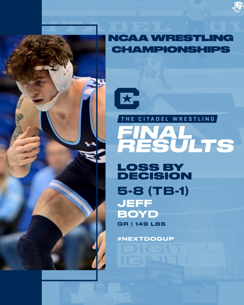 In classic Jeff Boyd fashion, the grad student took his opening bout down to the wire...unfortunately, a triple-overtime takedown doomed Boyd en route to a 5-8 (TB-1) decision, dropping him into the @NCAAWrestling Consolation Bracket. More details to come... #NextDogUp