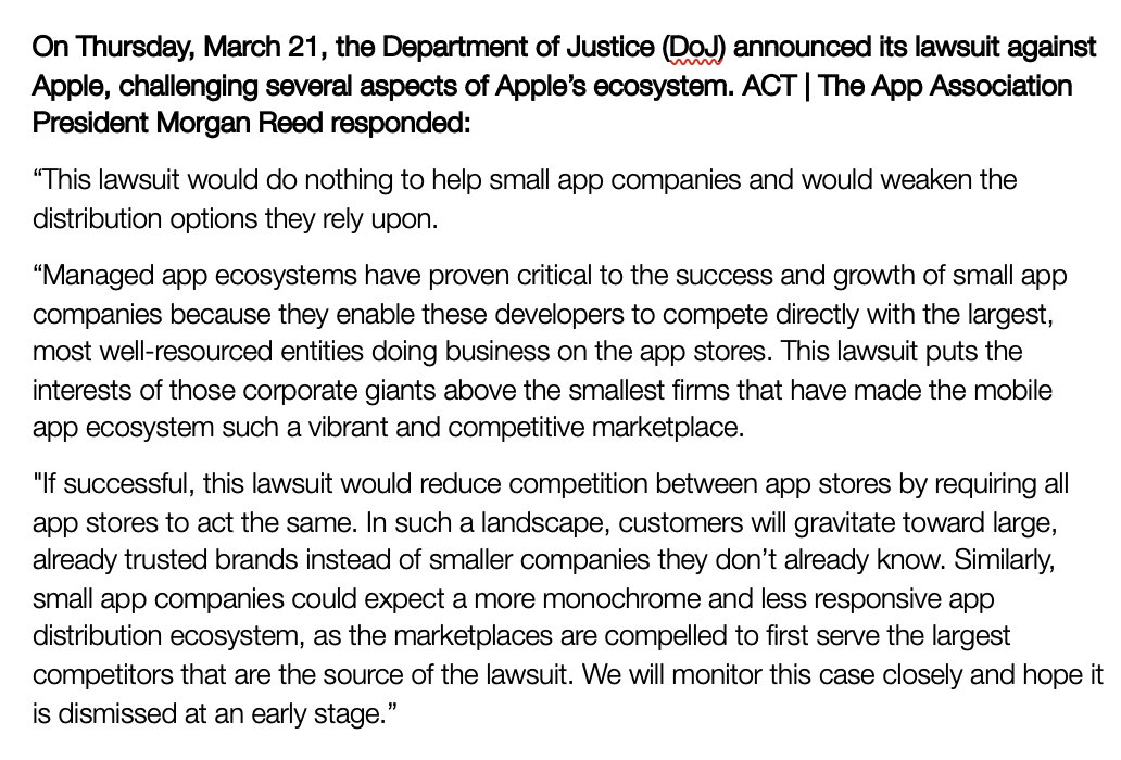 Today, @JusticeATR filed a lawsuit that appears to challenge foundational features of app distribution. The complaint reflects the grievances of the largest companies in the app economy and casts aside #smallbiz objections. Our stmt here:
