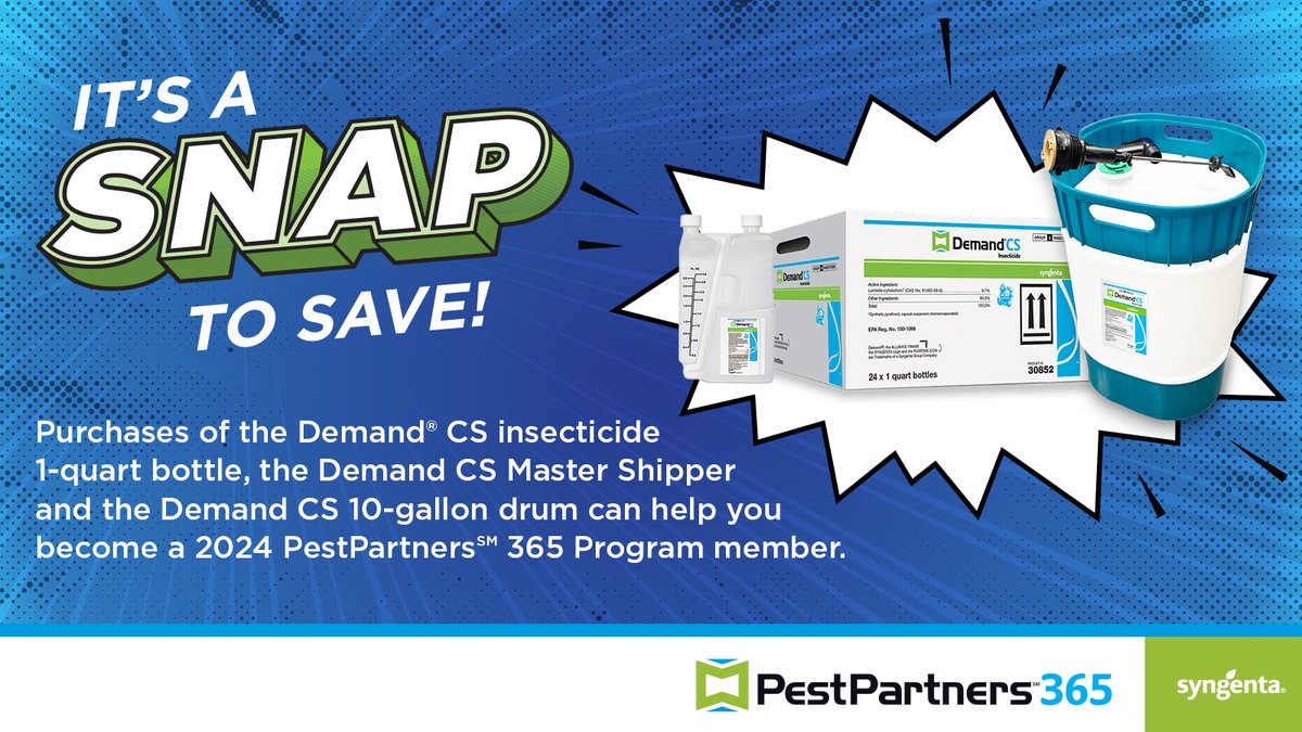 Demand the best ✅ kill the callback ✅ and work toward yearlong savings! ✅

#DemandCS is offered in a variety of sizes, including the new 10-gallon drum. See how purchases can help you work toward 2024 PestPartners 365 Program membership by April 30: bit.ly/3PlNn1B