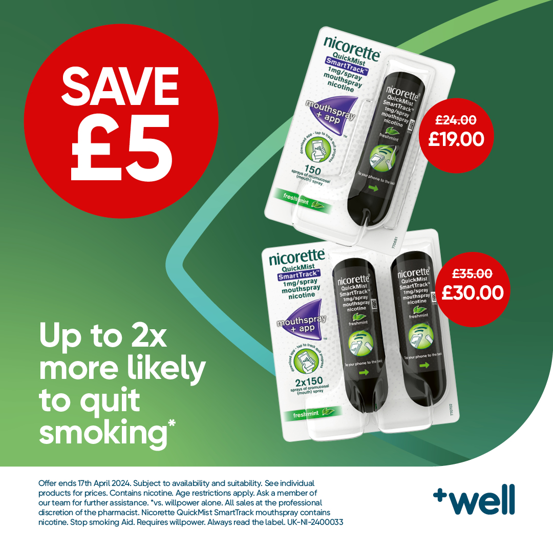 Save £5 on stop smoking products 🙌 Start kicking the habit out today! You are 2x more likely to quit smoking if you use stop smoking products*. To explore our range, click the link below. well.co.uk/shop/wellbeing… #stopsmoking #quitsmoking #health #pharmacy #wellpharmacy