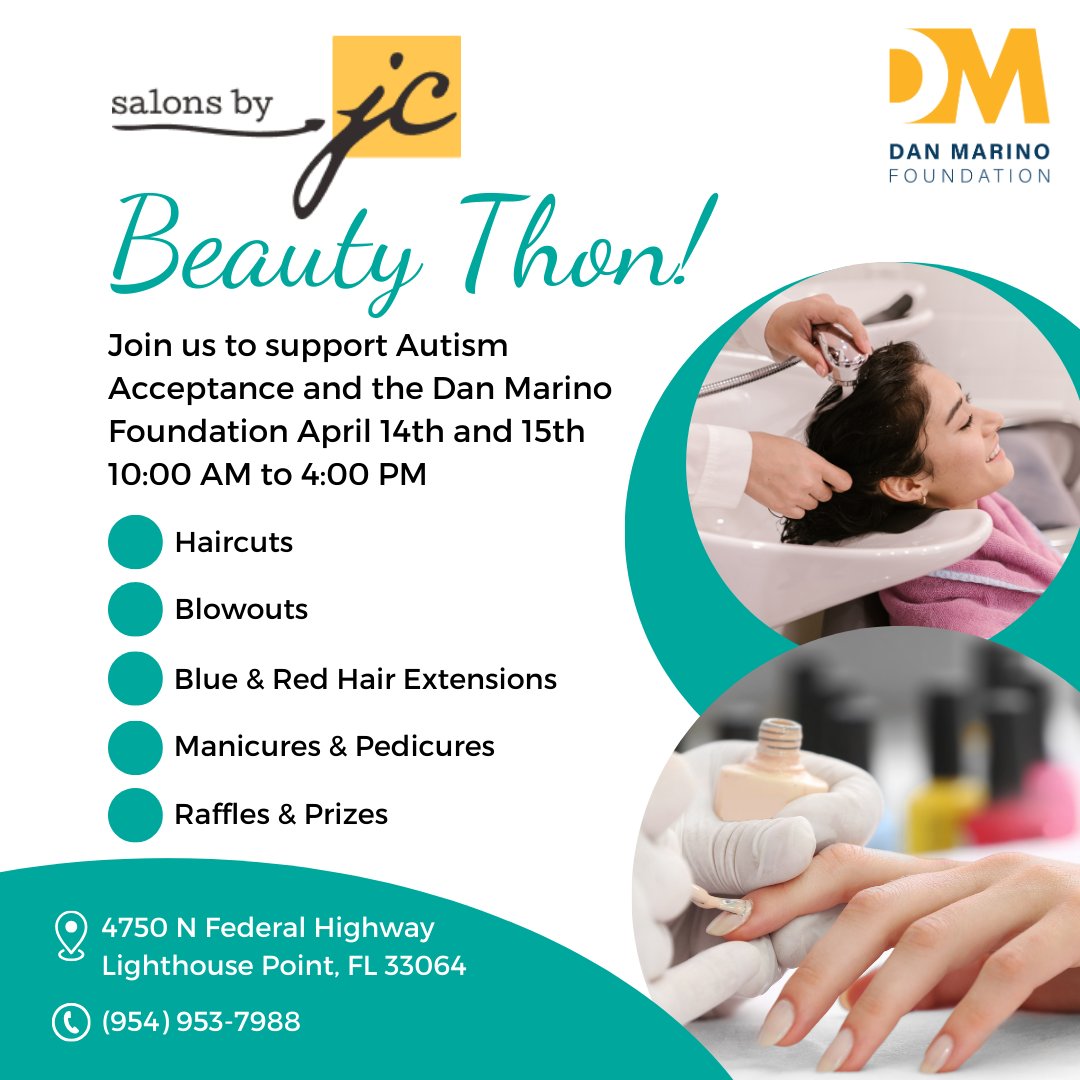 Salons by JC is hosting a Beauty Thon to support the Dan Marino Foundation on April 14th and 15th from 10:00 am to 4:00 pm! Join us for haircuts, blowouts, blue and red extensions, manicures, pedicures and raffles and prizes.