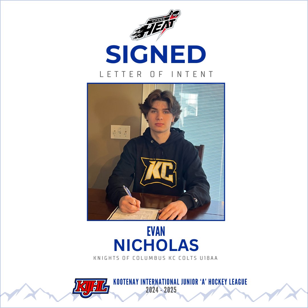 The @ChaseHeat have signed Edmonton product Evan Nicholas of the @KofCHockey. Welcome to the #KIJHL and Chase, Evan. #chaseheat