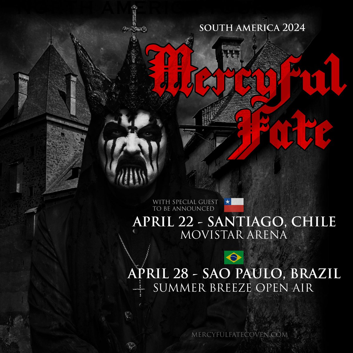 Brazil + Chile, prepare to enter the coven. We’re one month out from returning to South America. We last played for you 25 years ago! Tickets are on sale now at mercyfulfatecoven.com/tour 🚨We are now headlining Sunday April 28th in Brazil at Summer Breeze Open Air. 🚨