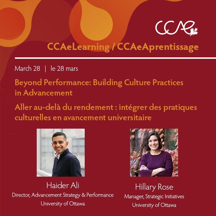 CCAECanada's tweet image. In 1 week! Gain a blueprint to develop a vibrant, high-performance culture at your institution with Haider Ali &amp;amp; Hillary Rose @uOttawa. Learn more &amp;amp; register for this #FreeForMembers CCAeLearning session here: ccaecanada.org/event/ccaelear…