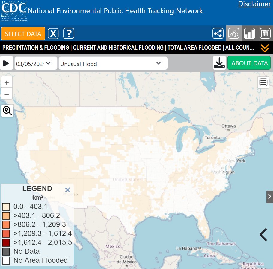 Through a partnership with @NASA, CDC is excited to announce new data for the Tracking Data Explorer tool! Use daily NASA air quality forecasts, historical air quality data, and daily flood maps to improve community health. Explore new NASA data today! bit.ly/CDCDataExplorer