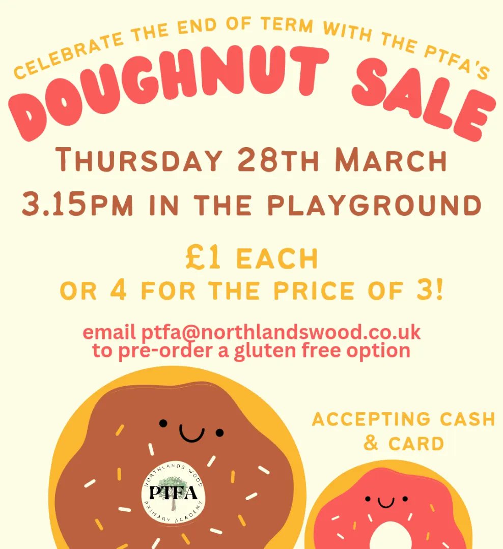 We're celebrating the end of term with a DOUGHNUT SALE! On Thursday 28th March (the last day of term) we will be in the playground with a delicious selection of doughnuts available for £1 each, or 4 for the price of 3 🤤 @Northlandstweet