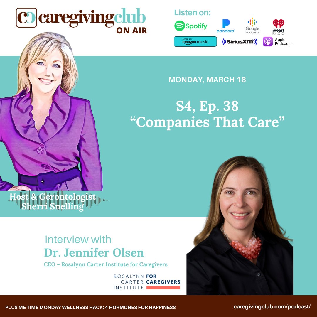 RCICaregiving's tweet photo. In the March episode of @CaregivingClub host @sherrisnelling celebrates #CompaniesThatCareDay by interviewing @JenOlsen_DrPH, discussing our new #WorkingWhileCaring report to support hourly workers who are also #familycaregivers. Listen here: https://t.co/1DZ9AreAz1 https://t.co/xMtmMnAtqV