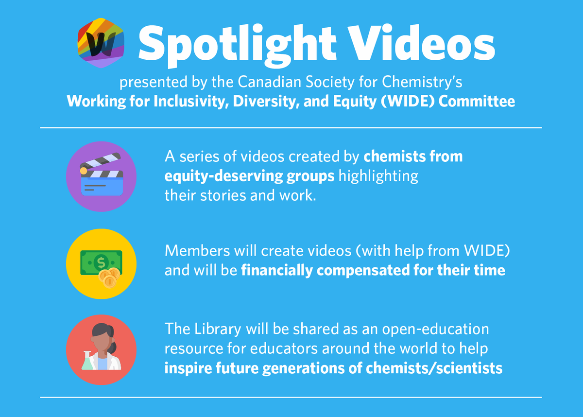 📢 SPOTLIGHT VIDEOS is back!

We're so excited to be able to continue this project, which highlights the incredible diversity in Canadian chemistry.

Apply now and share your story with scientists and students around the world: forms.office.com/r/iHQ4qHCj8x

#EDI 1/5