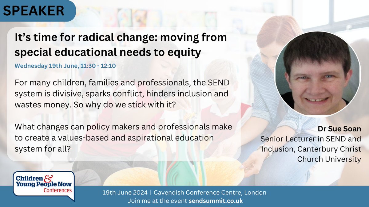 For many, the SEND system is divisive, sparks conflict, hinders inclusion and wastes money. So why do we stick with it?

Hear the thoughts of Dr Sue Soan at the 4th Annual #SENDSummit.

Register now: bit.ly/3IAkuLv
📍 Cavendish Conference Centre, London
🗓️ 19th June 2024
