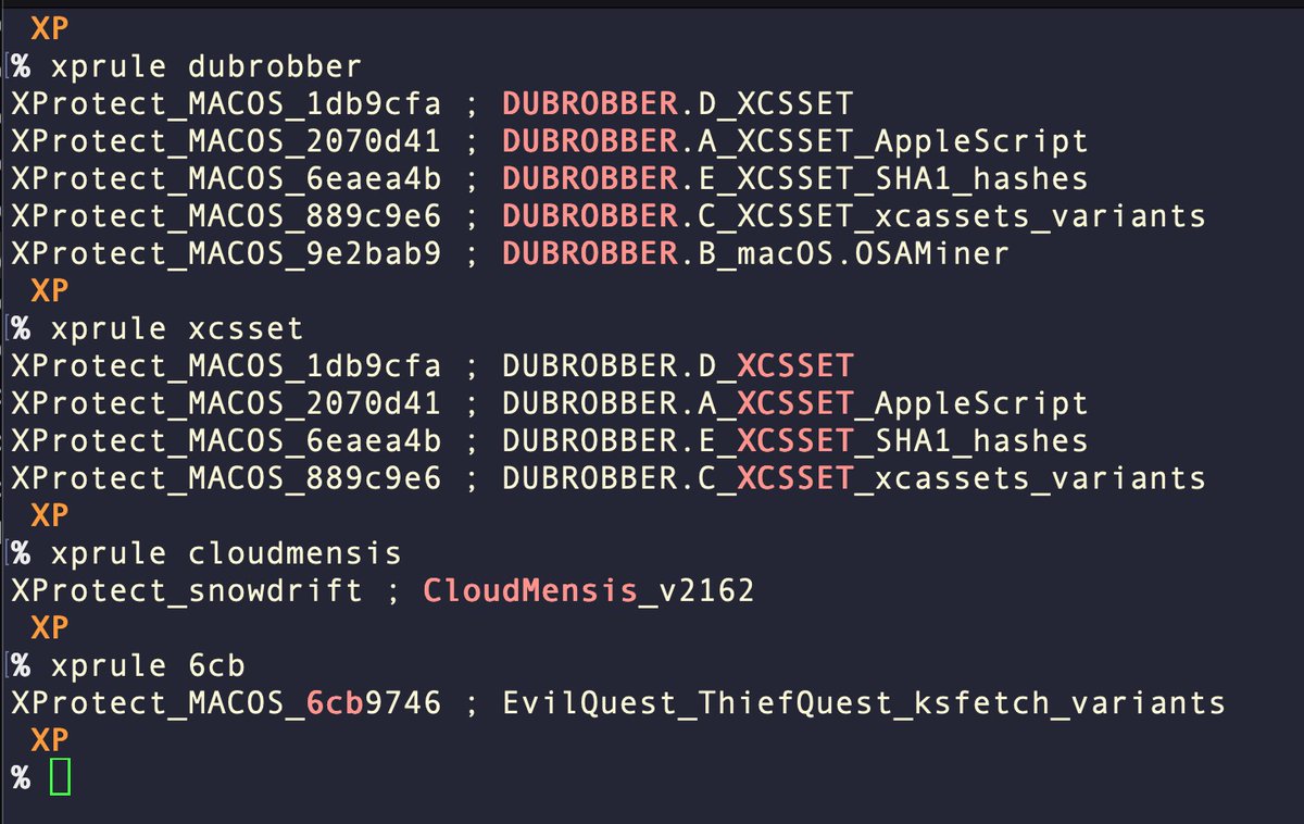 Wouldn't it be useful to have a tool that tells you the XProtect rule for common #macOS #malware names, or that told you the industry names for Apple's coded rule names? YES IT WOULD! A little/useful addition to our ongoing repo tracking XProtect: github.com/SentineLabs/XP…