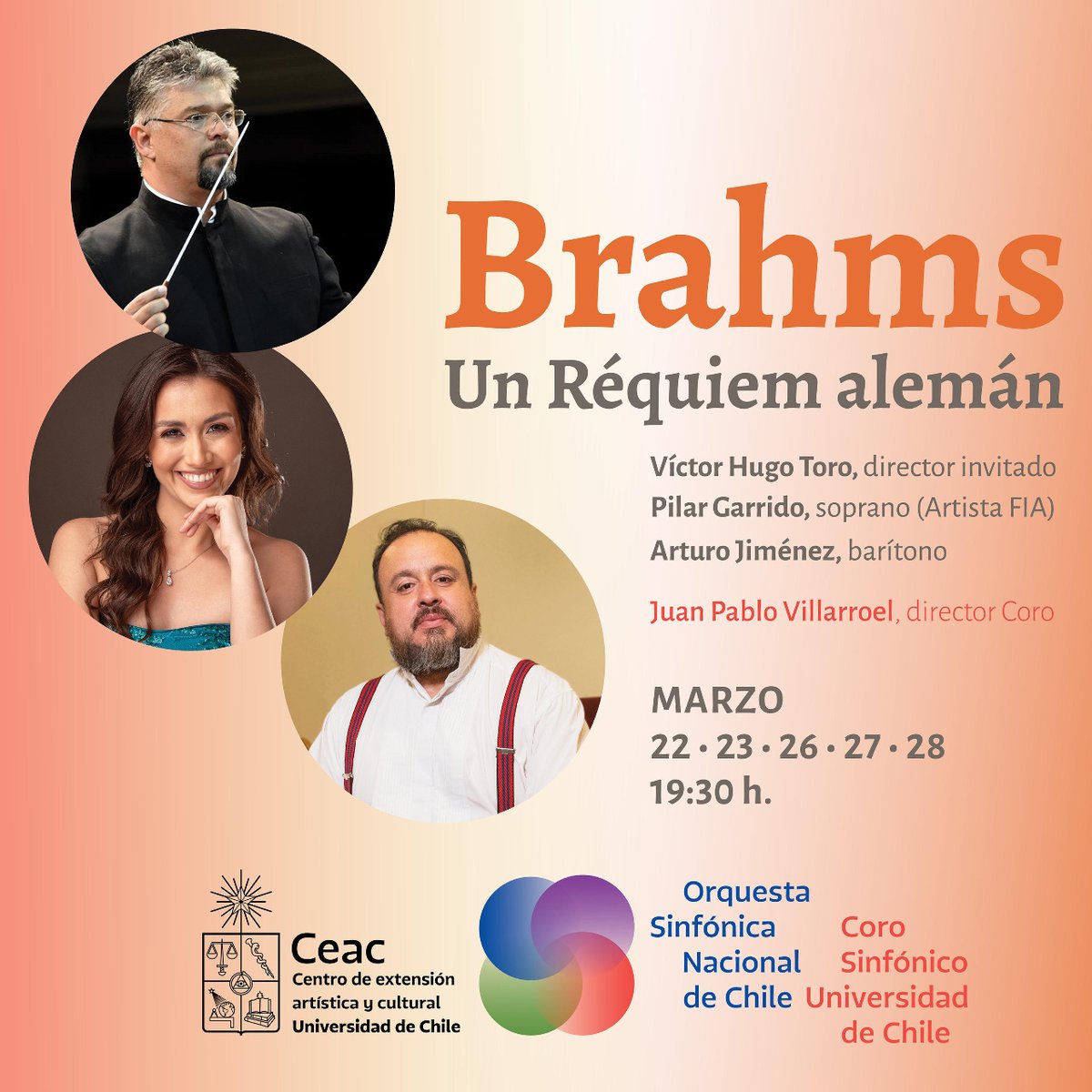 Universidad de Chile (@uchile) on Twitter photo Este VIERNES 22 a las 19:30hrs. inicia la temporada del ya tradicional Concierto de Semana Santa de <a href="/lasinfonica/">Orquesta Sinfónica Nacional de Chile</a> y <a href="/Corouchile/">Coro Sinfónico Universidad de Chile</a>, esta vez con "Un Réquiem alemán" de Brahms que se presentará el 22, 23, 26, 27 y 28 de marzo en el Teatro U. de Chile. Más info: uchile.cl/u214281 Este VIERNES 22 a las 19:30hrs. inicia la temporada del ya tradicional Concierto de Semana Santa de <a href="/lasinfonica/">Orquesta Sinfónica Nacional de Chile</a> y <a href="/Corouchile/">Coro Sinfónico Universidad de Chile</a>, esta vez con "Un Réquiem alemán" de Brahms que se presentará el 22, 23, 26, 27 y 28 de marzo en el Teatro U. de Chile. Más info: uchile.cl/u214281