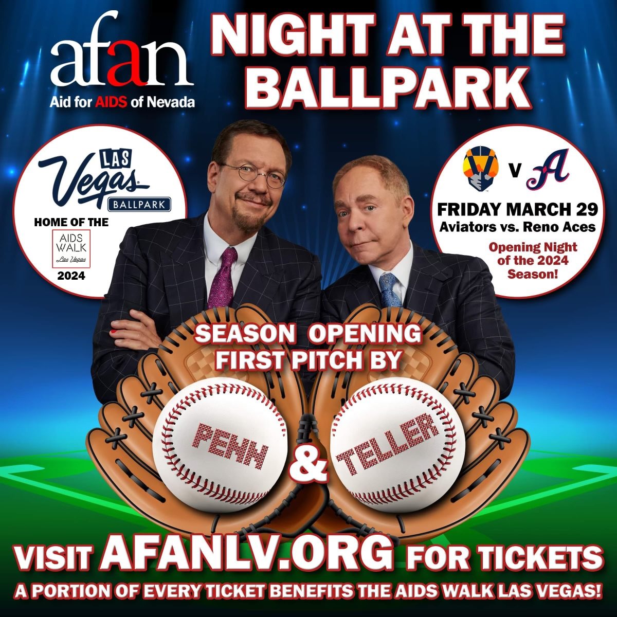 .@AFANLV hosts “A Night at the Ballpark” @AviatorsLV season opener game March 29. @pennjillette @MrTeller throw out the Ceremonial First Pitch at vs. Reno Aces at 7:05 p.m. A portion of ticket sales will benefit Southern Nevadans living with or affected by HIV/AIDS.…