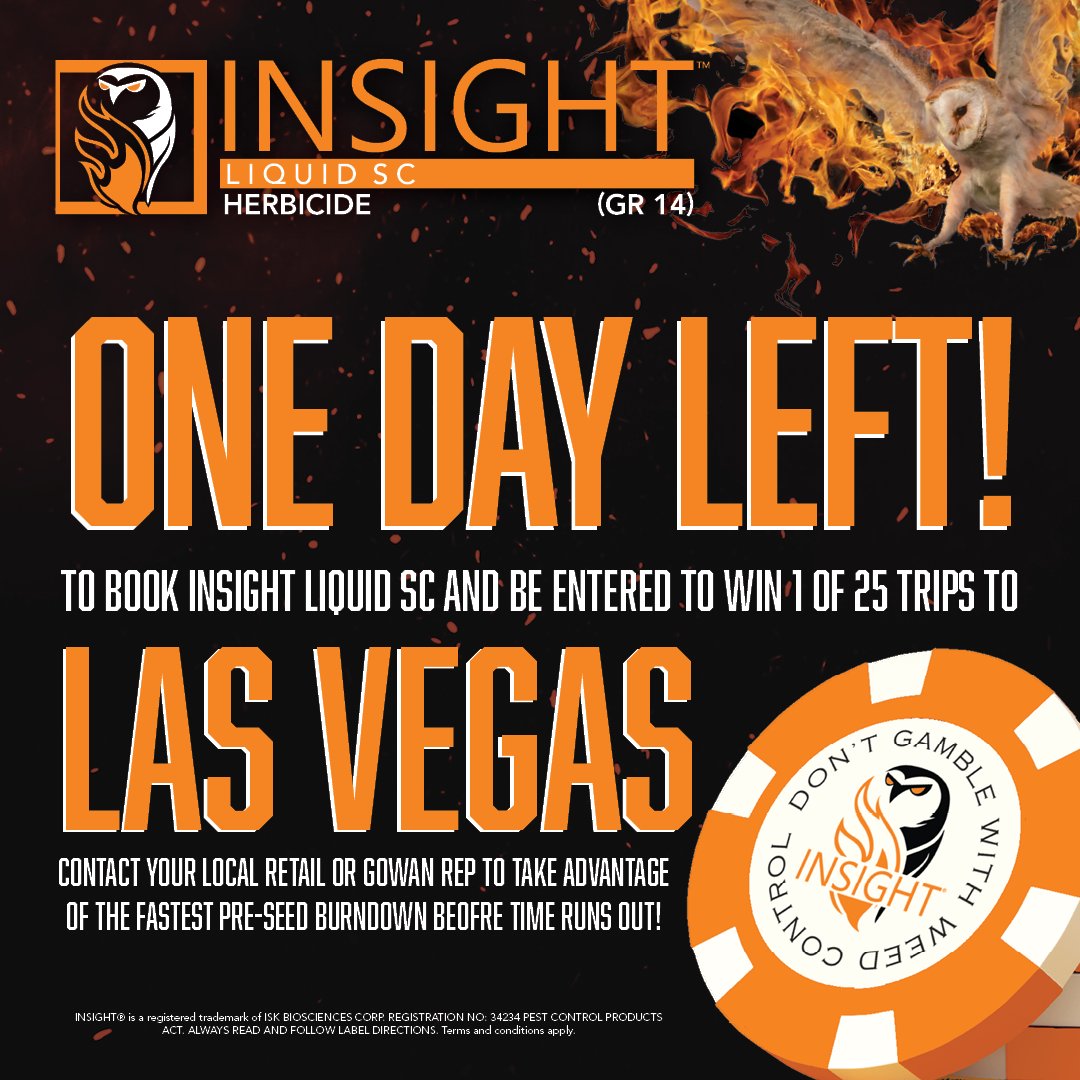 HURRY!! Book your Insight Liquid SC by March 22nd so you can get your hands on am Insight Poker Chip and earn your chance to win 1 of 25 trips to Las Vegas sponsored by Gowan Canada! Reach out to your local retail or Gowan Canada Rep today. #insightfastestburndown #gowancanada