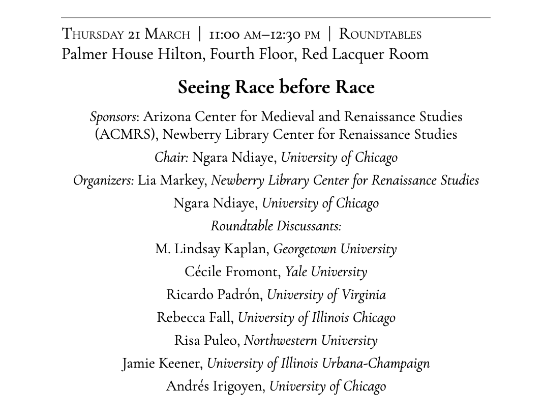 Super-stoked to be starting my #RenSA24 with this fantastic session on Seeing Race Before Race, organized by Noémie Ndiaye and Lia Markey, and featuring a glittering panel of luminaries @RSAorg