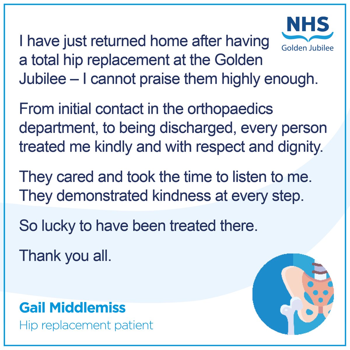 JubileeHospital's tweet photo. Thank you to Gail for taking the time to share this wonderful feedback with us and our team❤
The staff at NHS Golden Jubilee work hard to ensure all our patients are treated with dignity and respect at all times.
If you'd like to share your story, contact  comms@gjnh.scot.nhs.uk https://t.co/T0gou0Mmh3