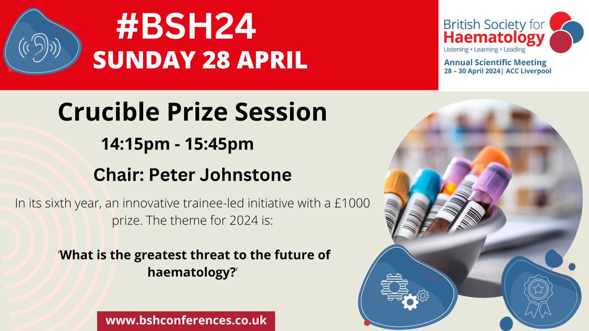 The Crucible Prize session returns on Sunday 28 April to #BSH24 with last year’s previous winner Peter Johnstone chairing the exciting session with the theme for this year being: What is the greatest threat to the future of Haematology? 

ow.ly/UhNm50QTtfA