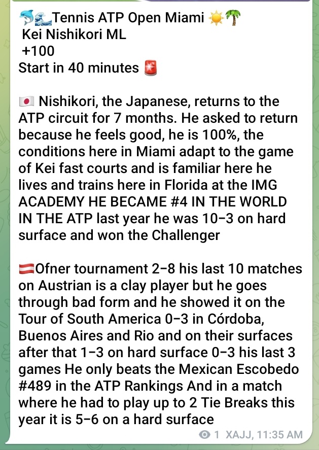 josejav74223296's tweet photo. 🐬🌊Tennis #ATP
#OpenMiami ☀️🌴
Kei Nishikori ML
+100

Start in 40 minutes 🚨 https://t.co/F3VN0RrLE5