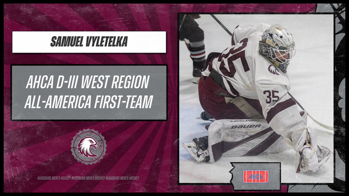 Congratulations to Augsburg men's hockey goalie Samuel Vyletelka, named to the CCM/@AHCAHockey Division III All-America Team as a West Region First-Team honoree! Story: athletics.augsburg.edu/news/2024/3/21… #d3hky #AuggiePride