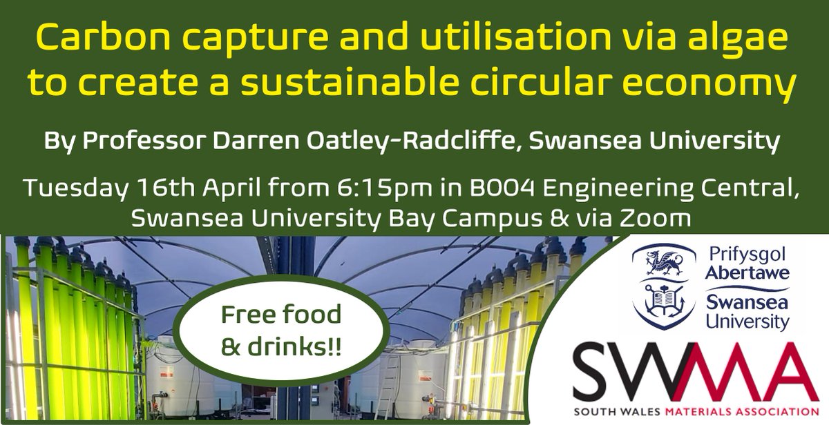 Great SWMA talk coming up! Explore how algae can be used for carbon capture and transformed into exciting new products with Prof. Darren Oatley-Radcliffe @ESRI_Swansea @SUSciEng 📅16th April from 6:15pm 🌍 Swansea Uni Bay Campus & via Zoom Sign up: forms.gle/ZEjgj7r11ozw3n…