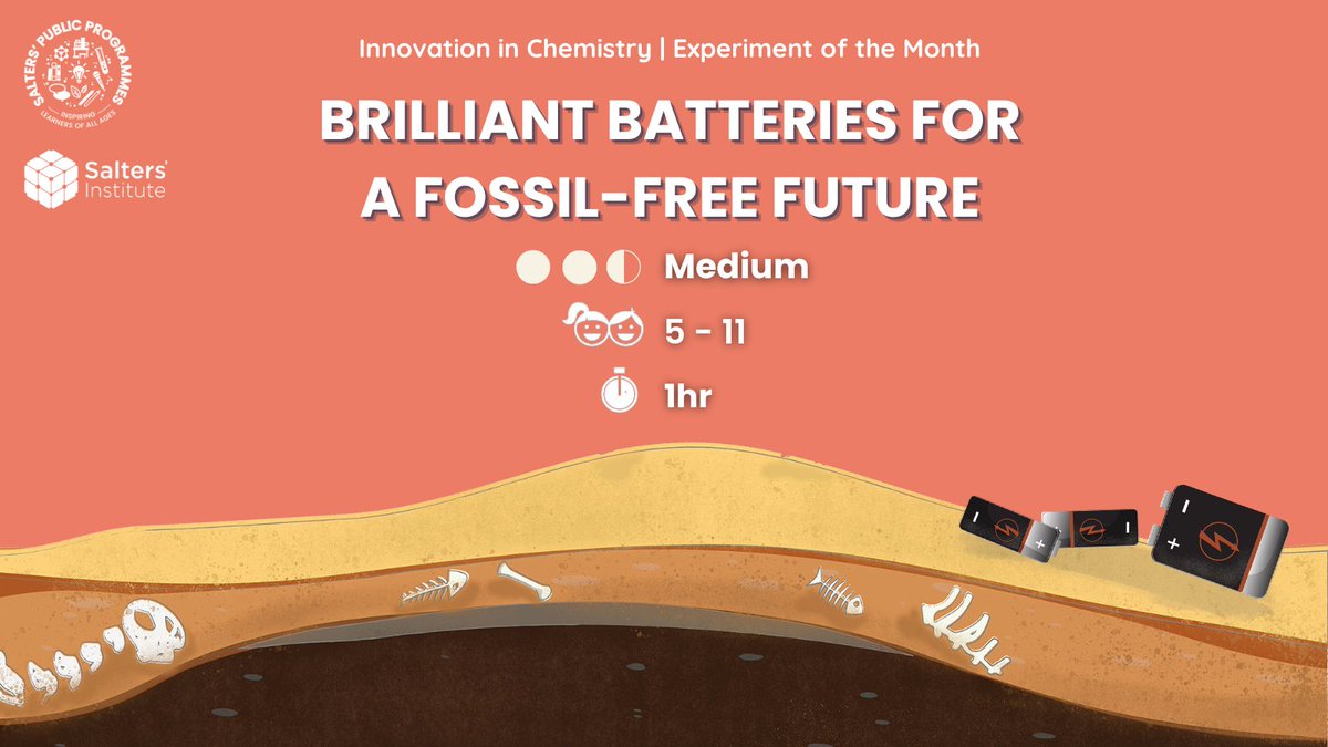 It's March's Experiment of the Month! 🔋 Brilliant Batteries for a Fossil-Free Future ⭕ Medium 👧🏽 5 - 11 years old ⌛️ 1 hour This month, create your own battery in this sustainable and electrifying experiment. Visit our website at: saltersinstitute.org/resources/