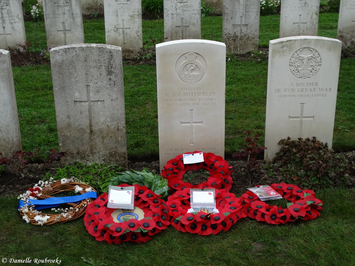 Thursday 21st March 2024 a rededication took place for Lieutenant Cautherley of 1st Battalion The Hertfordshire Regiment, KIA 26 April 1918, Age 37. Now resting @CWGC #PoelcapelleBritishCemetery.