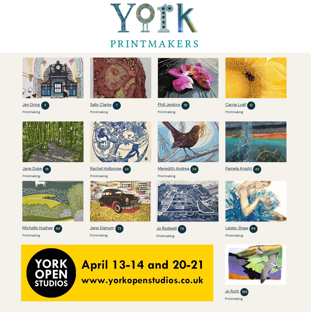 Curious about printmaking? 13 members of @YorkPrintmakers are taking part in @YorkOpenStudios 13-14 and 20-21 April. I will be at Venue 64. Find out more: yorkopenstudios.co.uk #printmaking #artevent #VisitYork #NorthYorkshire