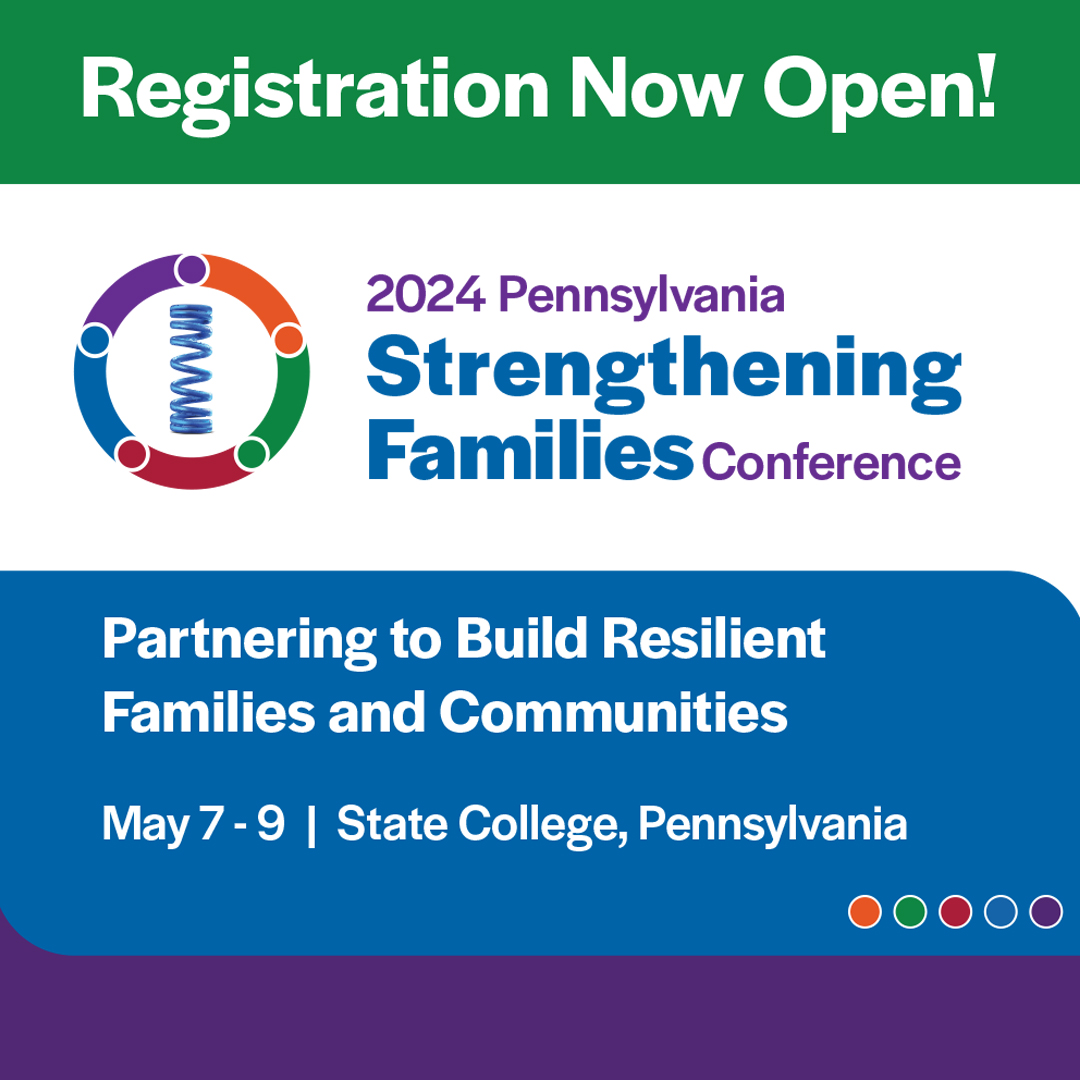 Register now for 2024 Pennsylvania Strengthening Families Conference: Partnering to Build Resilient Families and Communities, May 7-9 in State College! #PASFconference #Equity #FamilyWellBeing #MentalHealth #ParentLeadership #TraumaInformedPractices hubs.ly/Q02qhYCp0