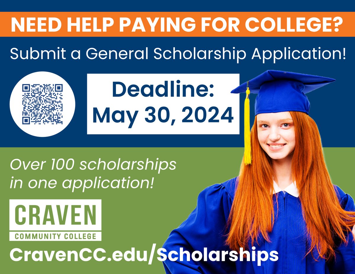 Our scholarship application deadline has been extended to May 30! Apply for over 100 scholarships in one application. Visit CravenCC.edu/Scholarships for more information. #scholarships2024 #PayForCollege