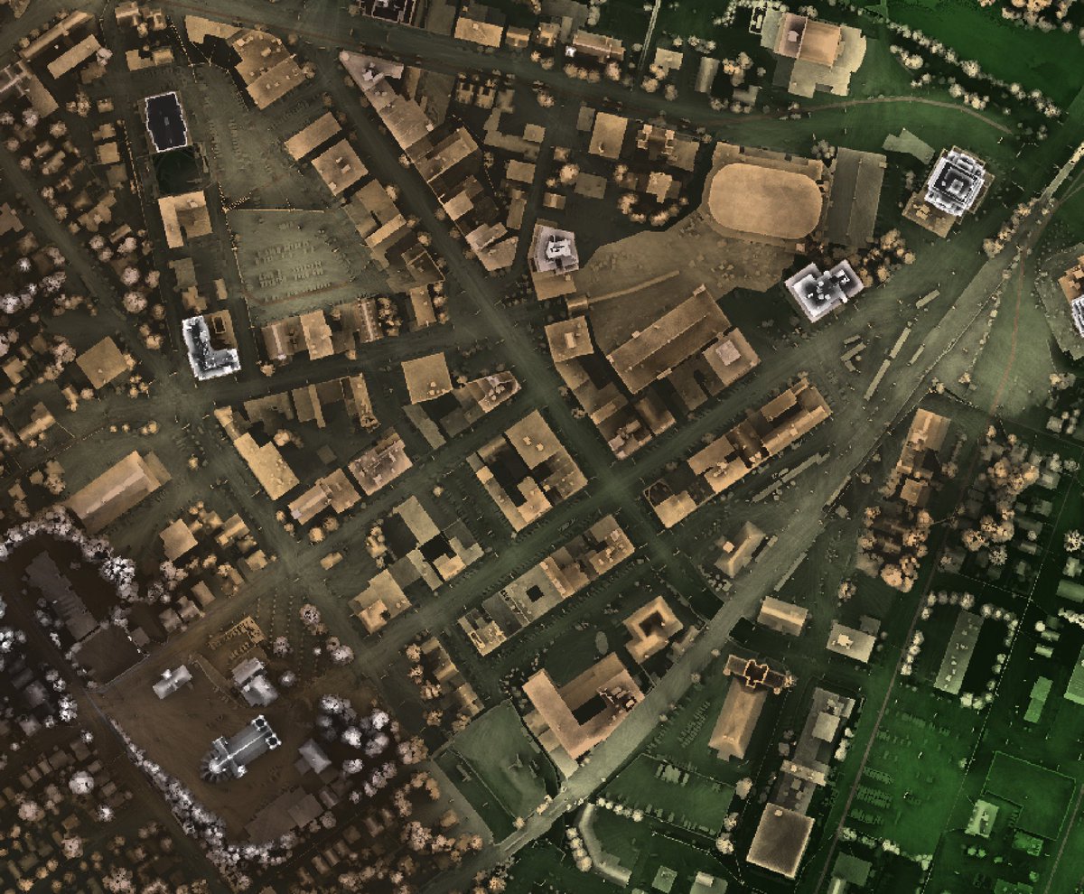 The pattern of horizon area for downtown Guelph, Canada. Brighter areas have better landscape visibility and colours indicate elevation. These data were created using Whitebox Workflows Professional (WbW-Pro). #geospatial #gis #mapping #planning