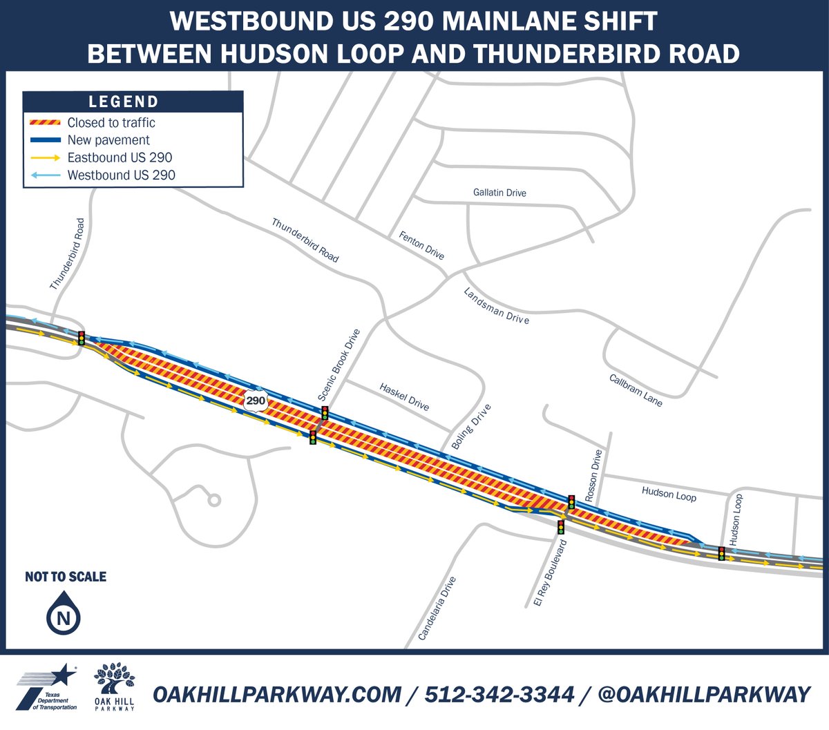 HEADS UP: Tomorrow night, westbound US 290 traffic from Hudson Loop to Thunderbird Road shifts to new westbound US 290 frontage road. #atxtraffic