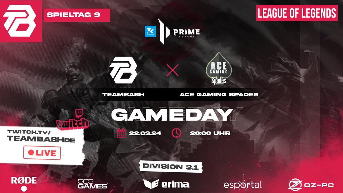 TeamBasH Gaming (@teambash_gaming) on Twitter photo 🩶Match-Day❤️
Morgen, am Freitag geht's weiter mit der Liga 3.1 für unser Main-Team !
Das bo2 startet am 22.03.2024 um 20:00 Uhr live bei uns auf dem Twitch Kanal.
Gemeinsam geht es gegen <a href="/acegamingde/">AceGaming</a> Team Spades.
Caster: <a href="/InviSan_Pubg/">InviSan Casts</a>
Top: <a href="/FledexLoL/">FledexLoL</a>
Jng: <a href="/MrJacksonLol/">MrJacksonLol</a> 🩶Match-Day❤️
Morgen, am Freitag geht's weiter mit der Liga 3.1 für unser Main-Team !
Das bo2 startet am 22.03.2024 um 20:00 Uhr live bei uns auf dem Twitch Kanal.
Gemeinsam geht es gegen <a href="/acegamingde/">AceGaming</a> Team Spades.
Caster: <a href="/InviSan_Pubg/">InviSan Casts</a>
Top: <a href="/FledexLoL/">FledexLoL</a>
Jng: <a href="/MrJacksonLol/">MrJacksonLol</a>